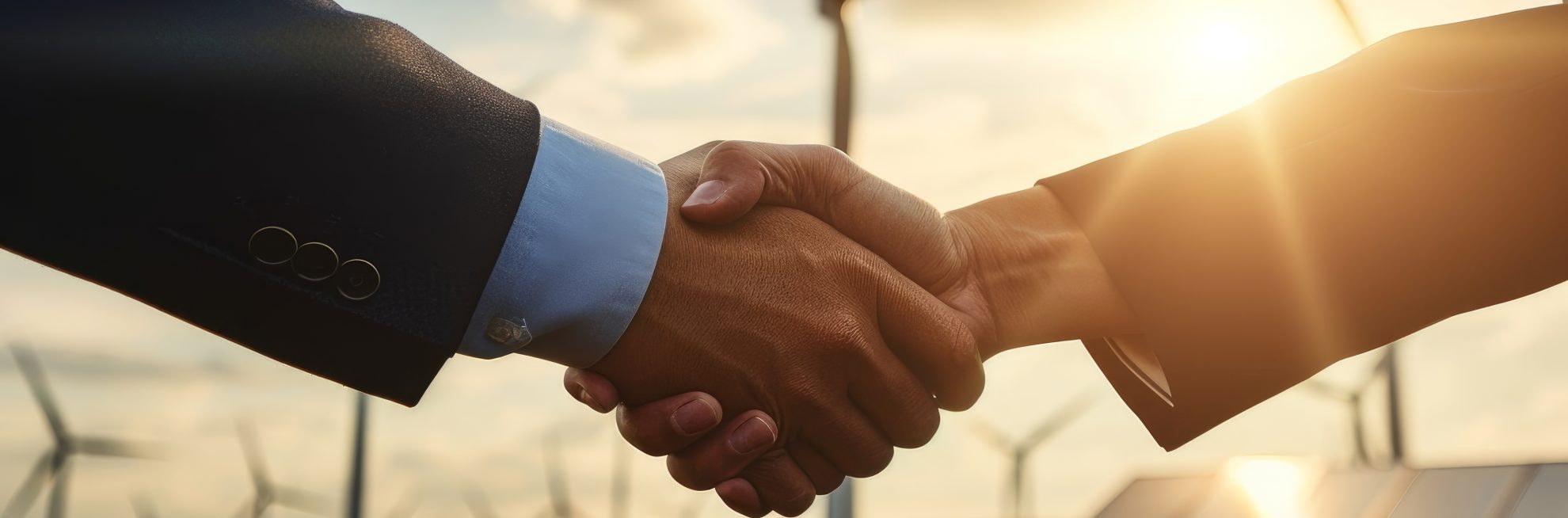 handshake in front of solar pannels and wind turbines, clean energy, renewable energy, electricity, new industry, CSR, company social responsability, Generative AI